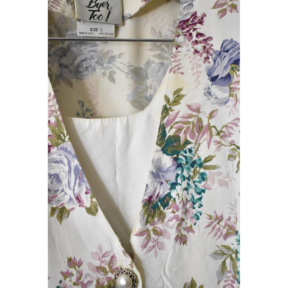 Byer Too! Floral Mini Dress Women 5 Cream 90s Vintage Ruffle Pearl Button - Picture 6 of 7